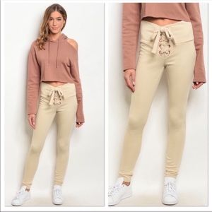Beige Lace Up Jogger Pants